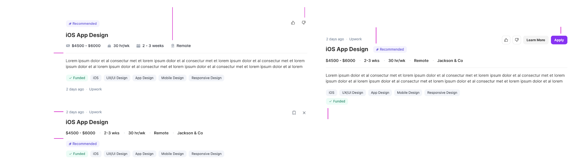 Two job post component layouts compared side by side