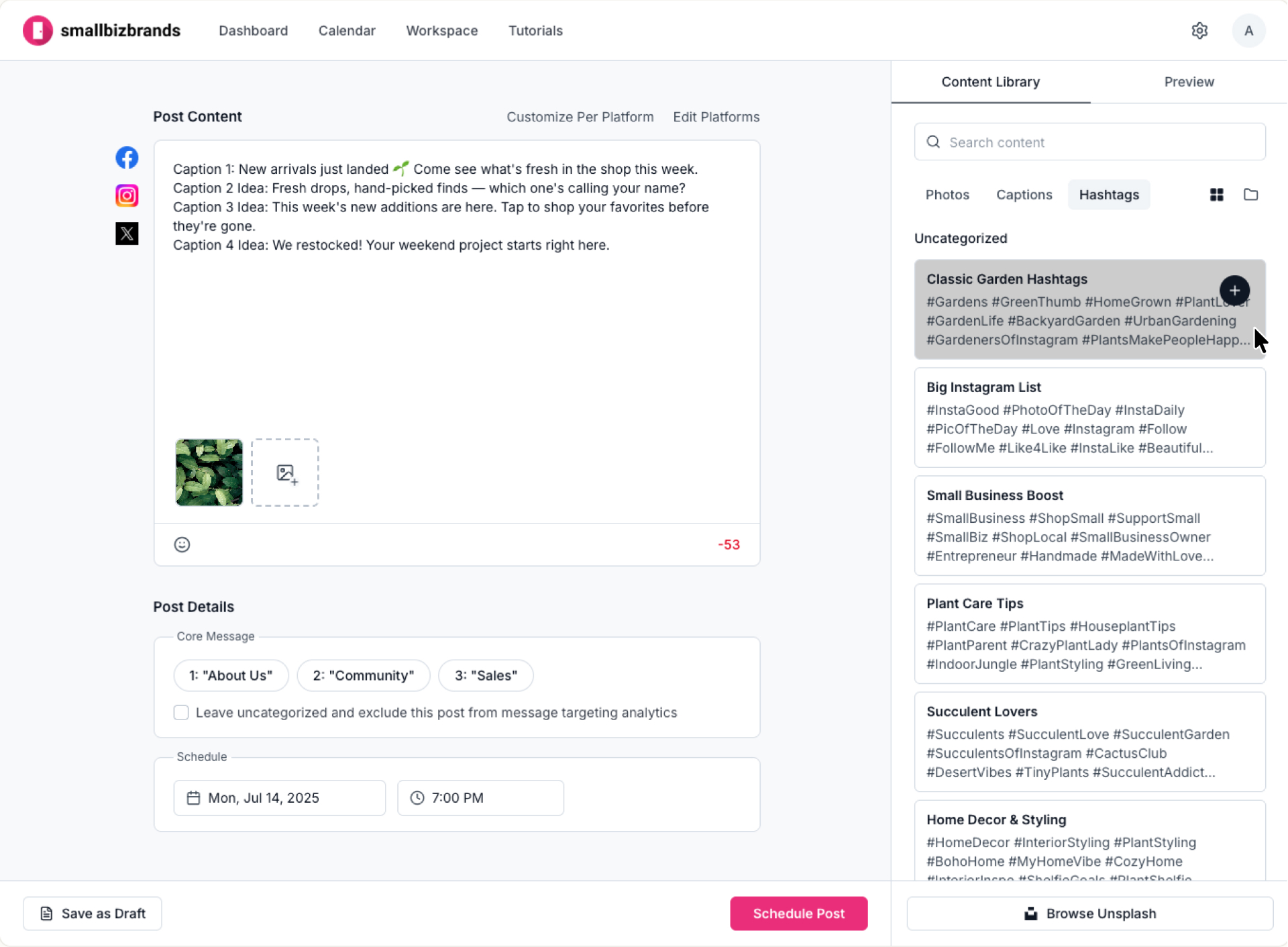 User selects desired hashtag collection from library.