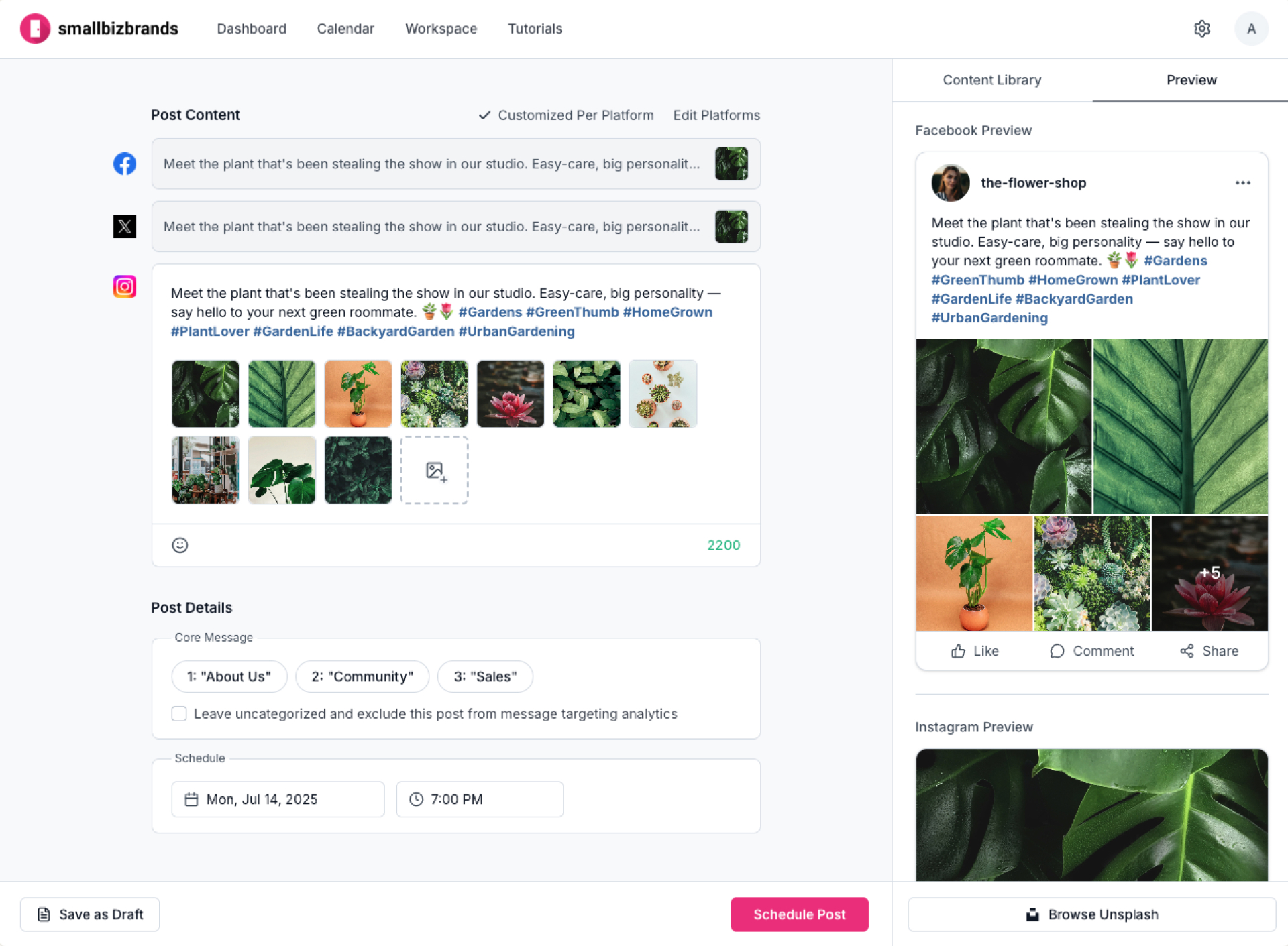 Instagram draft expanded with platform-specific copy and media.