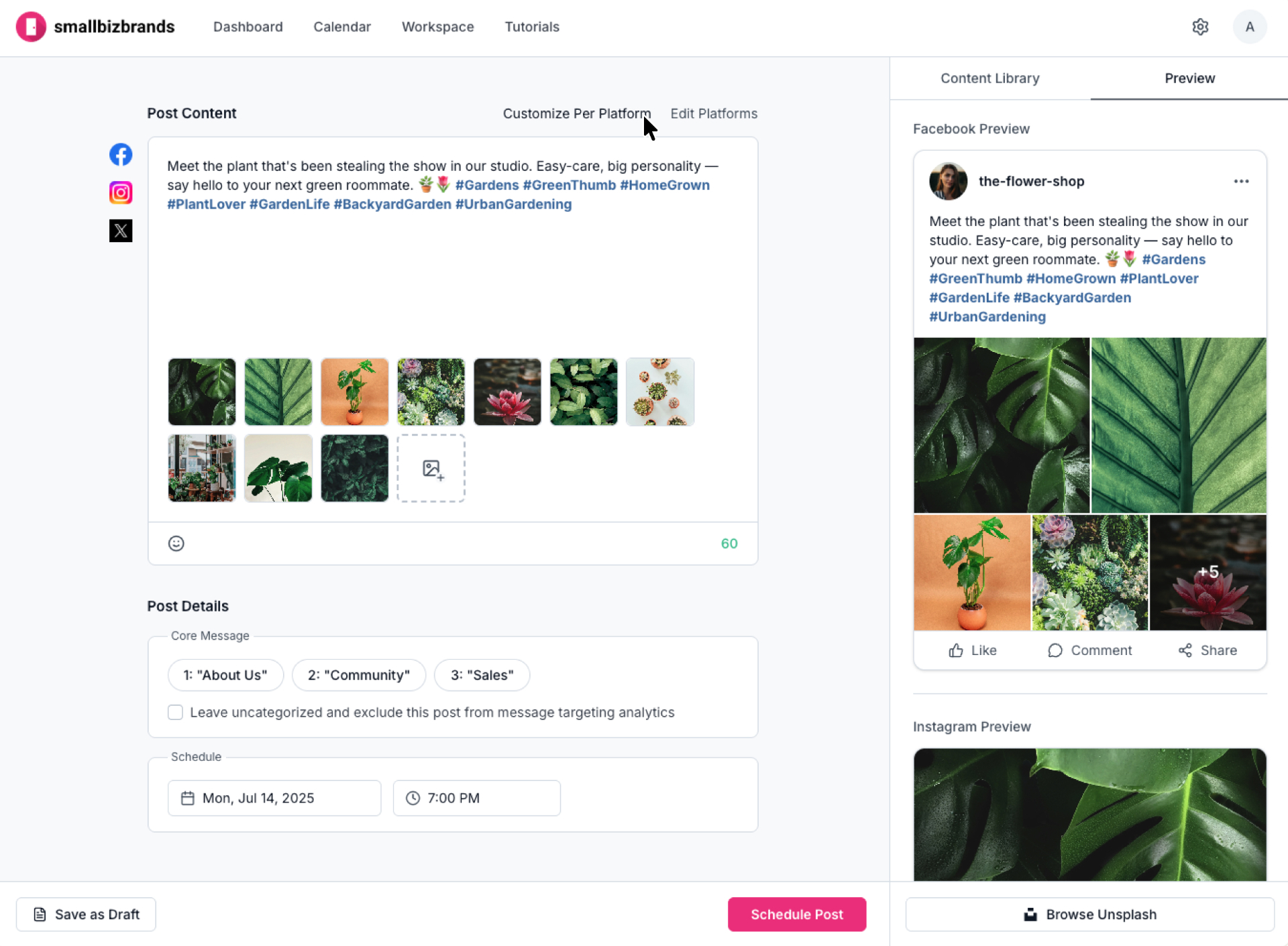 Post editor with the Customize Per Platform action highlighted.