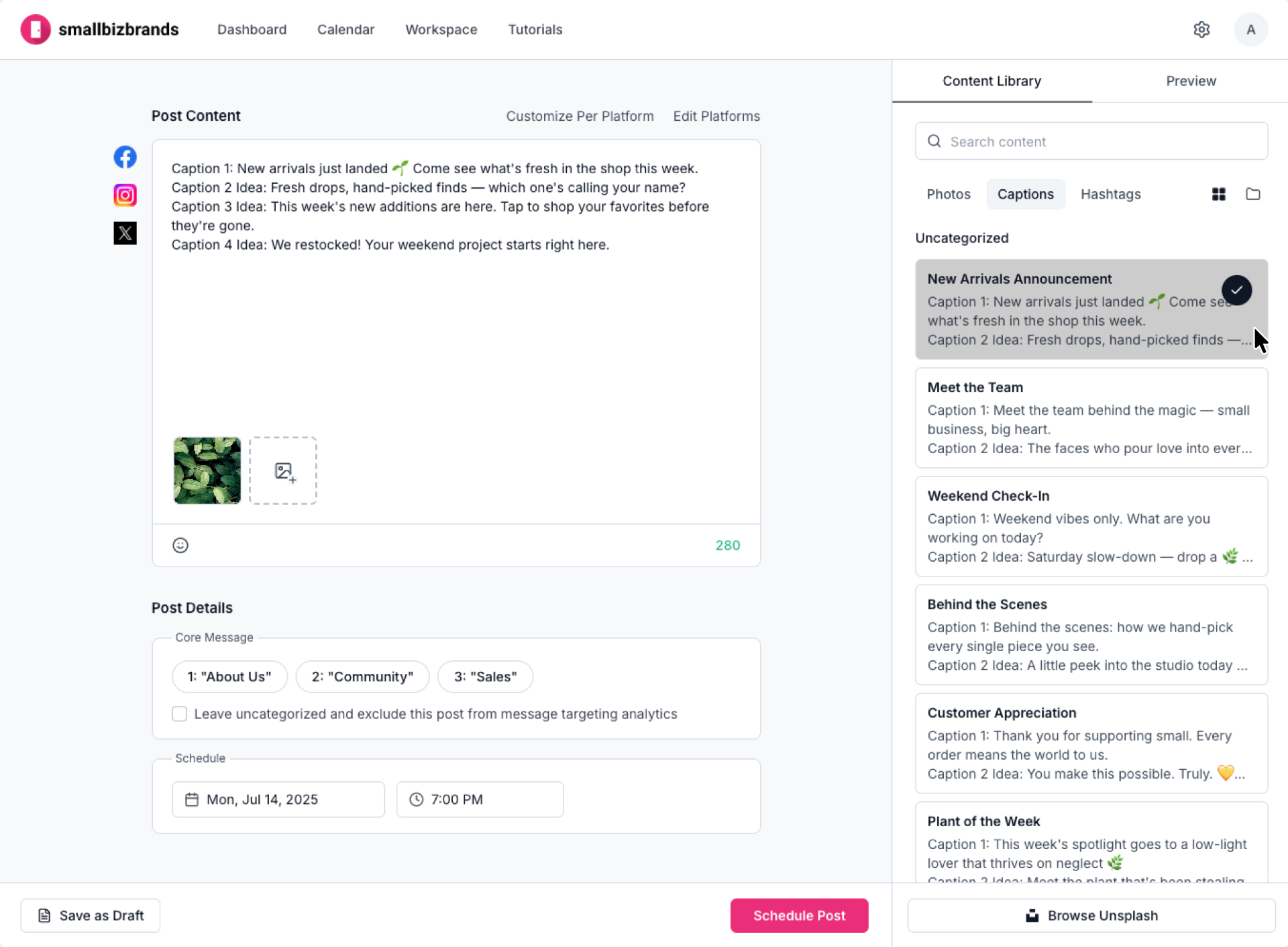 Full saved caption added to post editor on click, with checkmark confirmation.