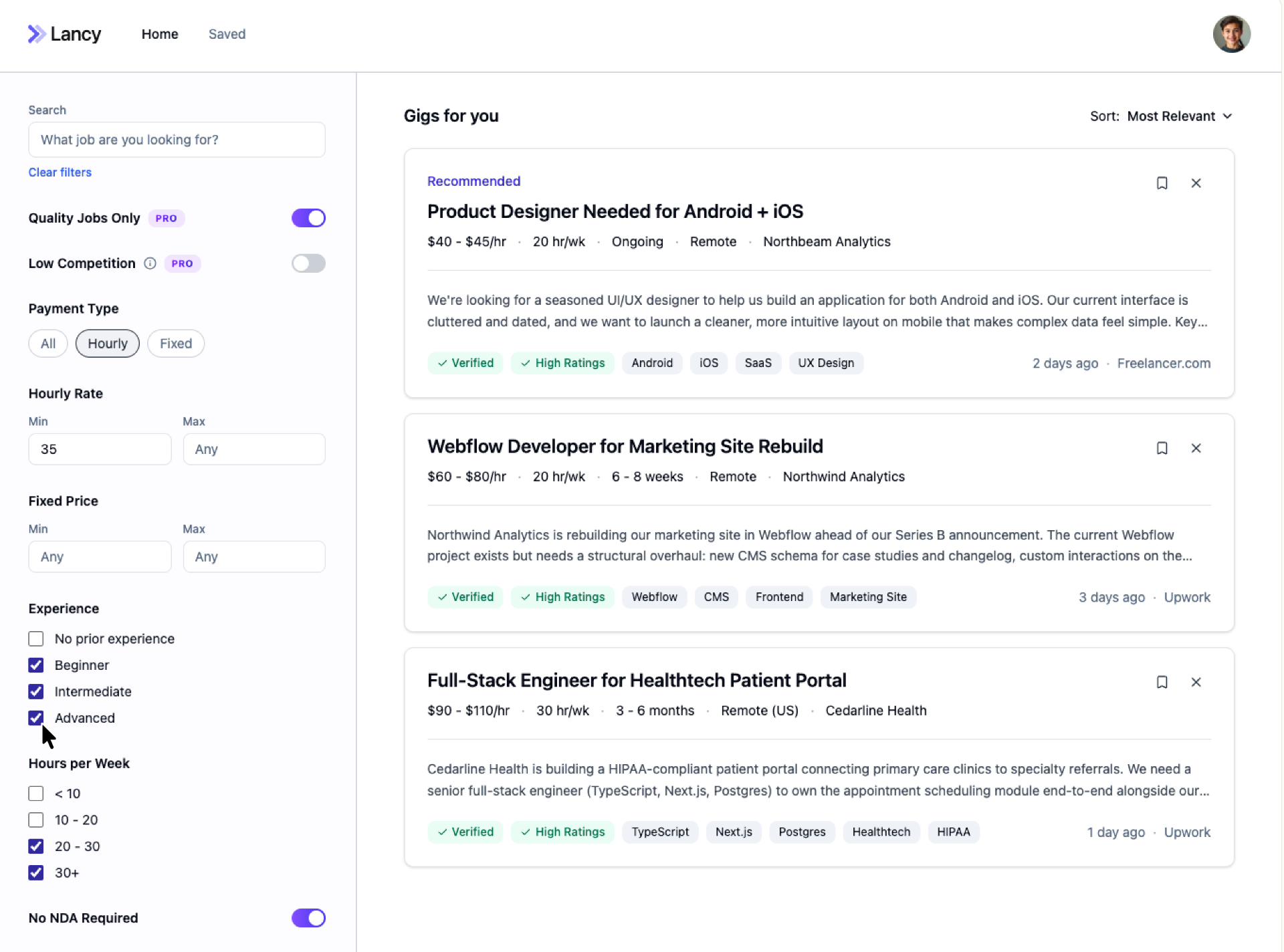 User setting filters in the sidebar