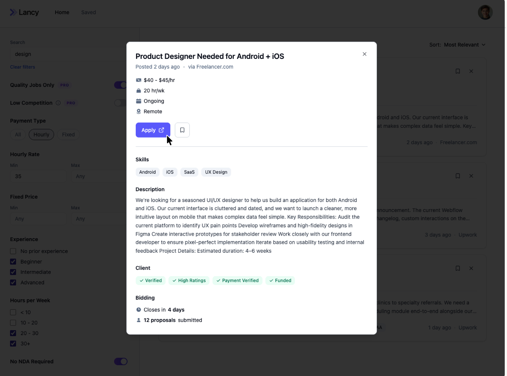 Job detail modal with Apply button