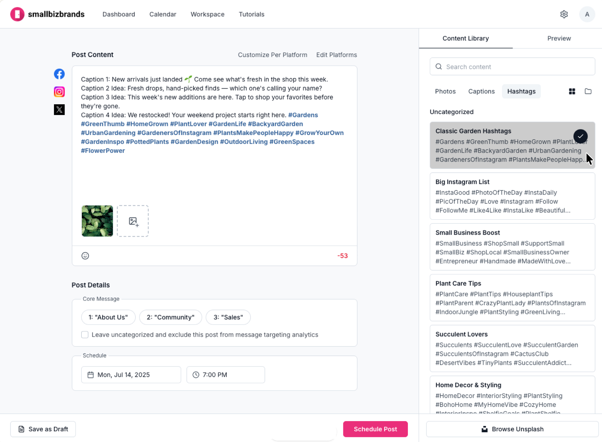 Hashtag collection added on click with checkmark confirmation.
