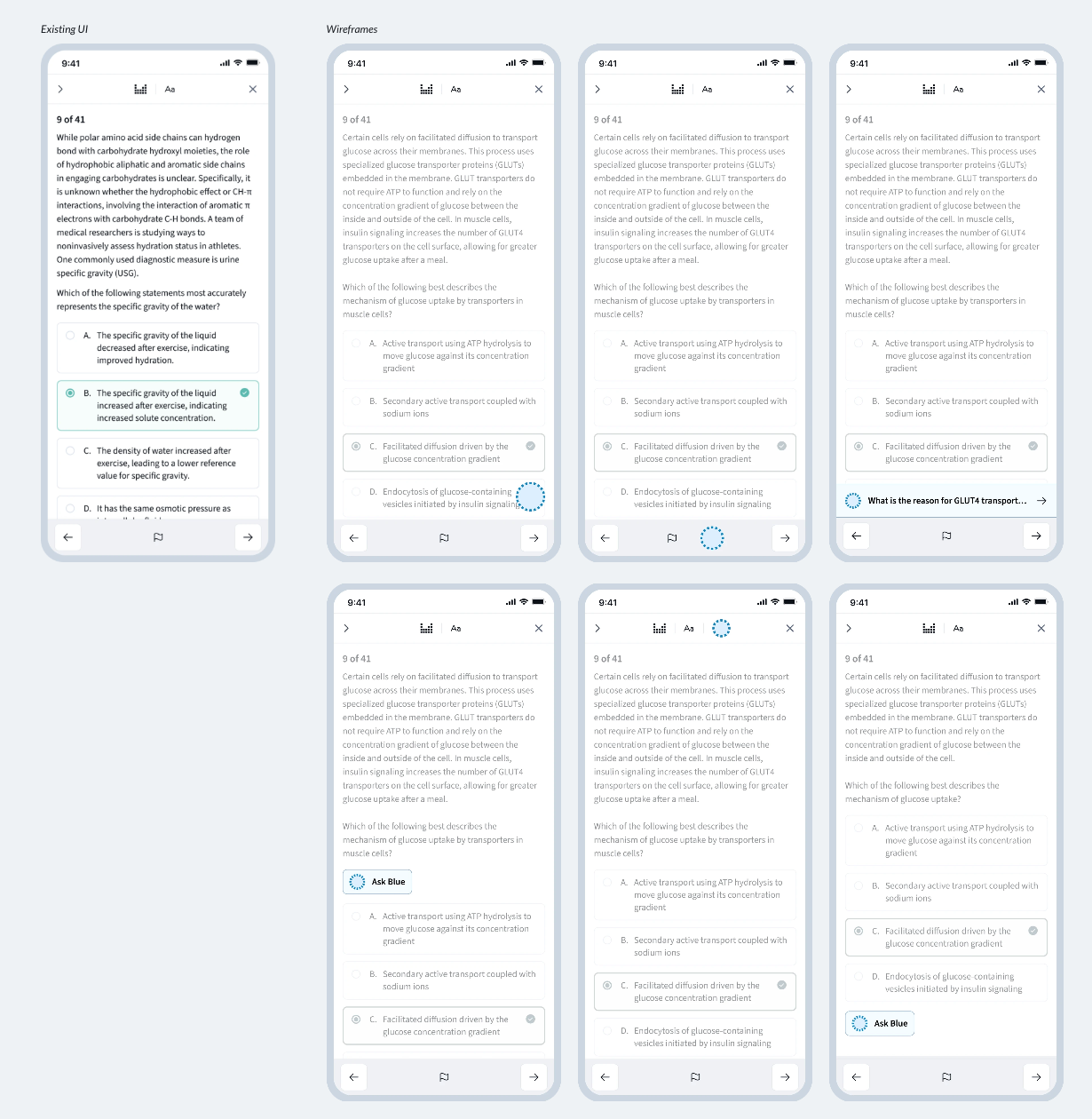 Existing UI alongside wireframe explorations for chatbot placement