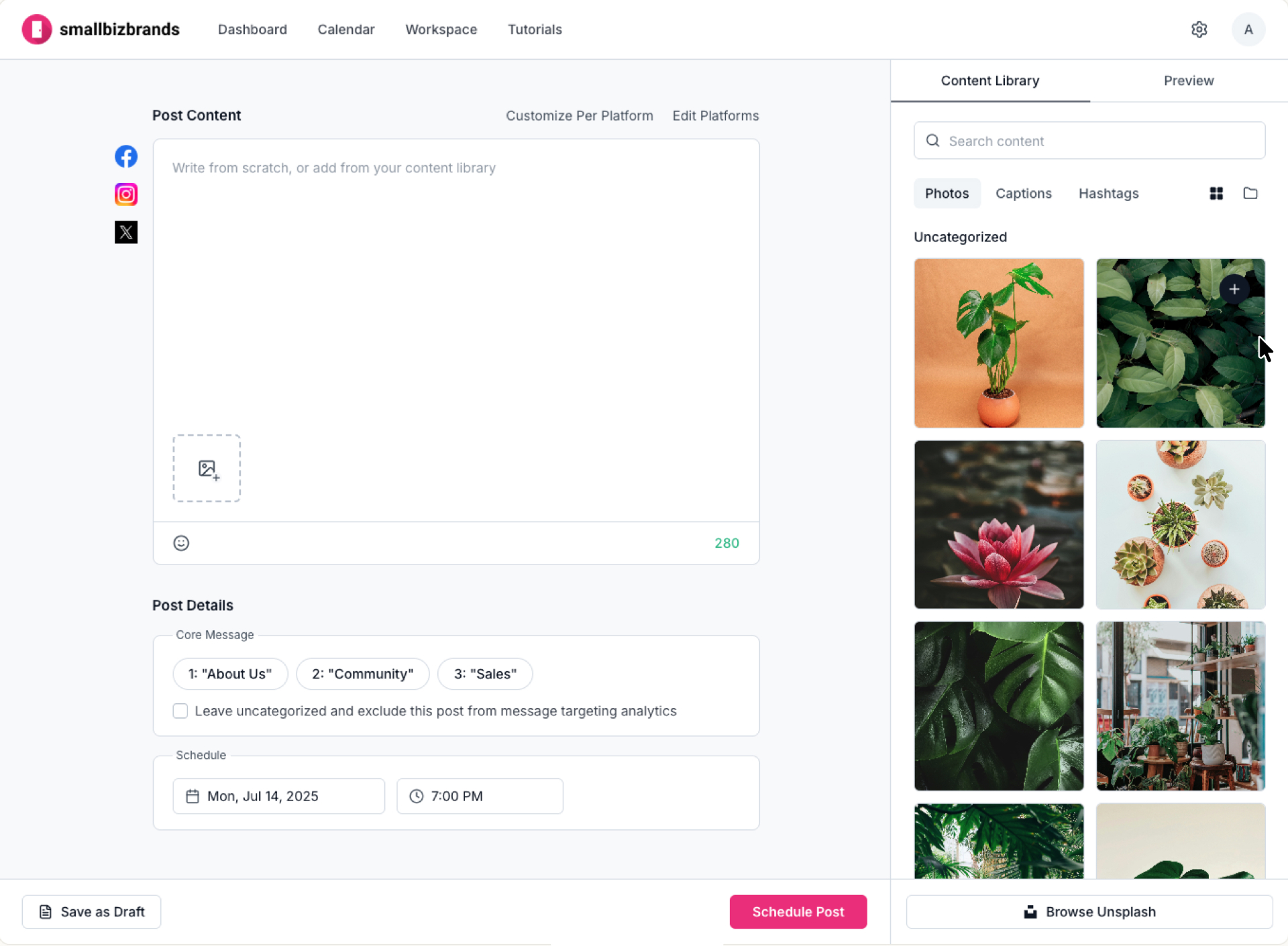 User selects photo from content library sidebar.