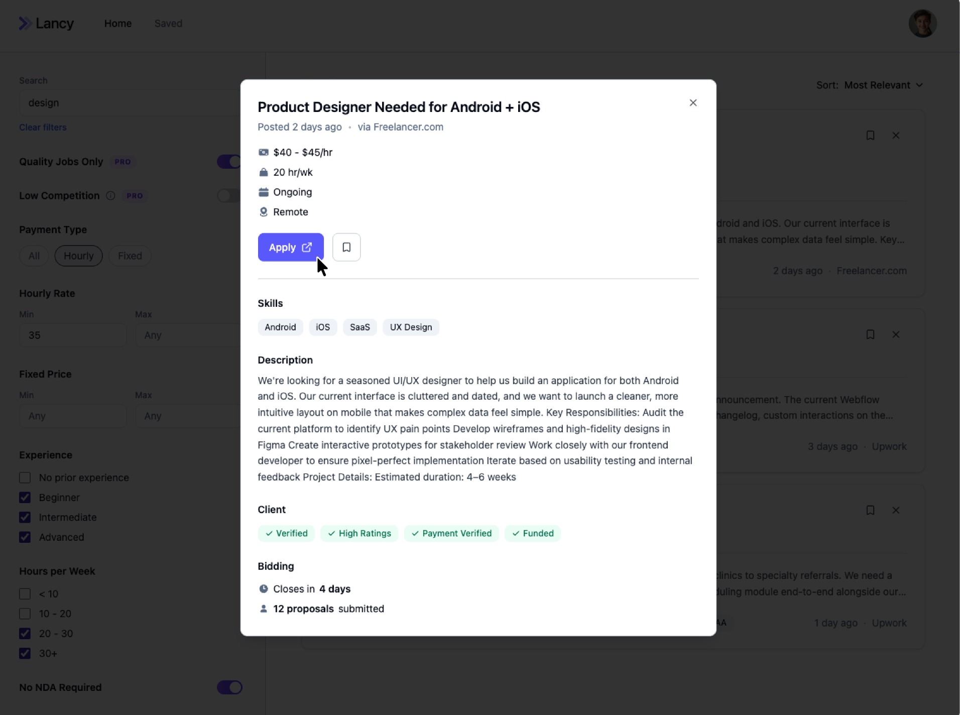 Job detail modal with Apply button