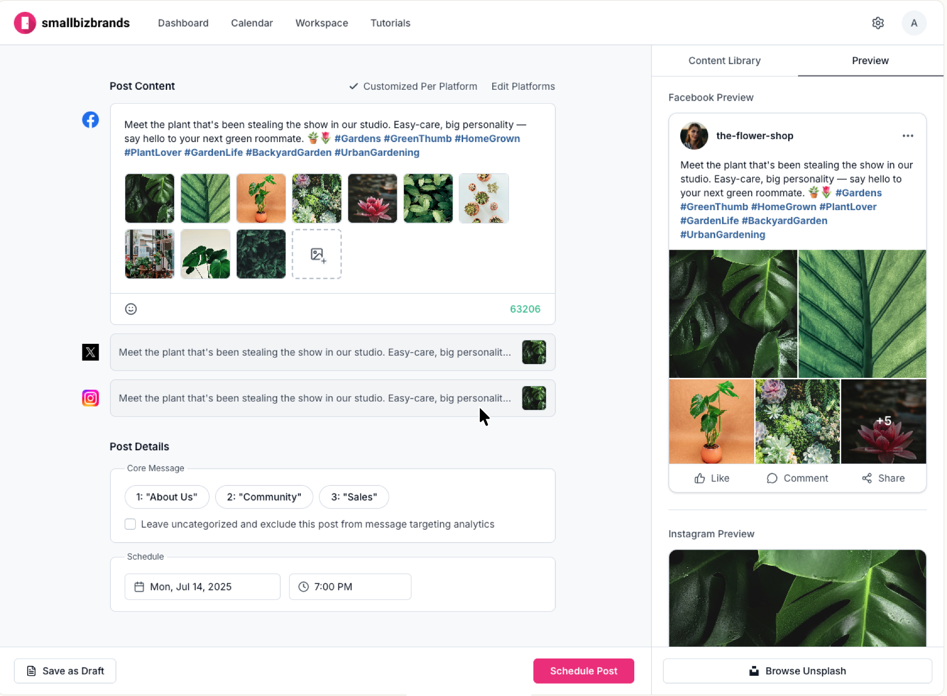 Facebook draft expanded with X and Instagram drafts collapsed below.